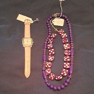 Vintage Purple Beaded Necklaces and Pink Watch Set
